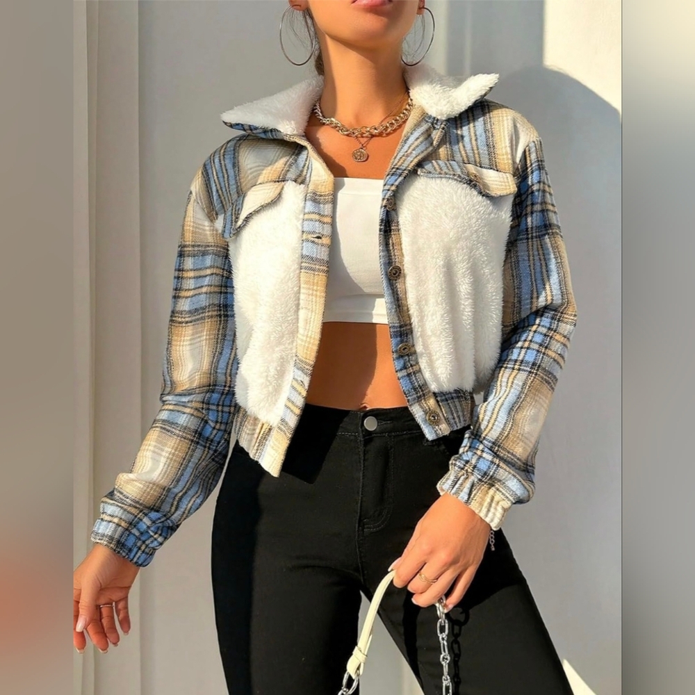 Plaid Print Button Front Crop Jacket - image 3